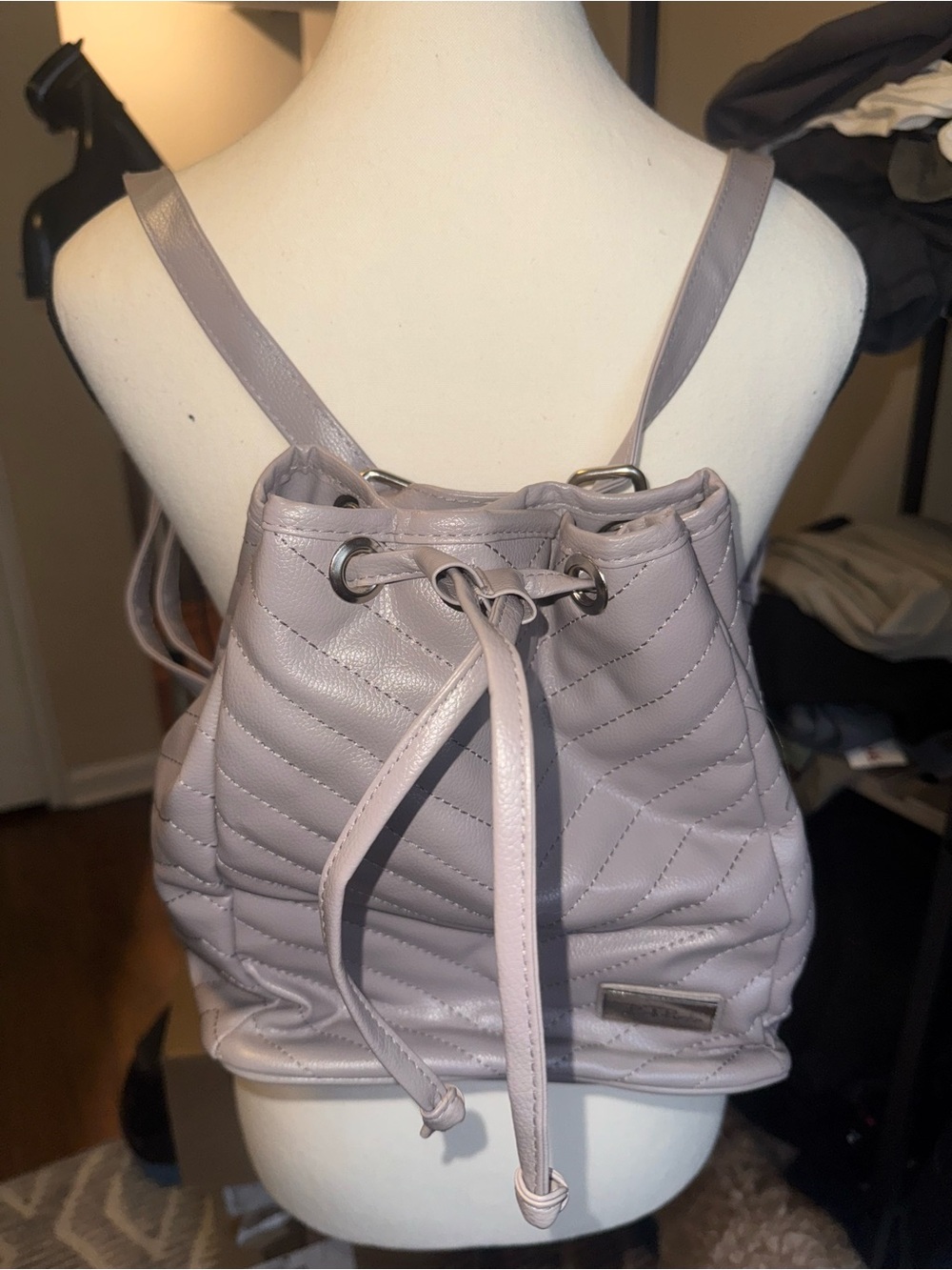 Quilted Drawstring Backpack - Taupe Leather